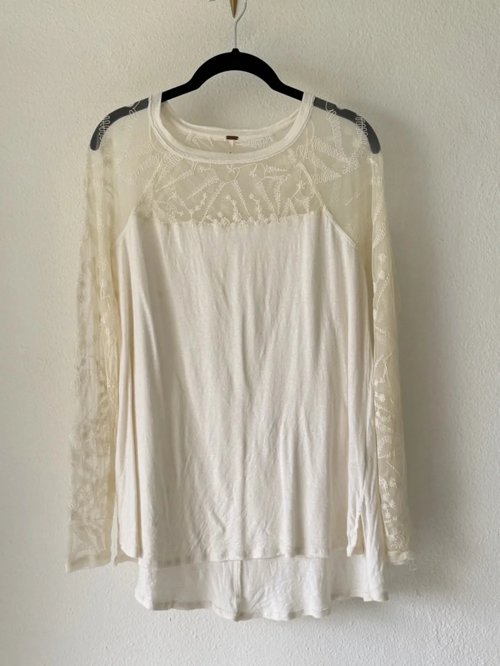 Free People White Ethereal Dainty Embroidered Lace Long Sleeve Top Medium